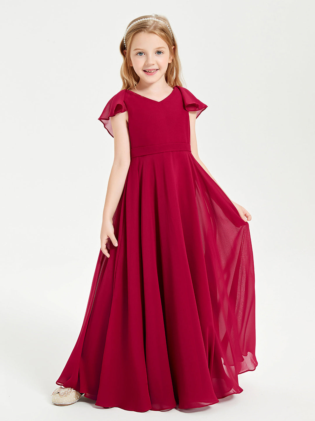 Delicate Chiffon Junior Bridesmaid Gown Flutter Sleeves V-neck Burgundy