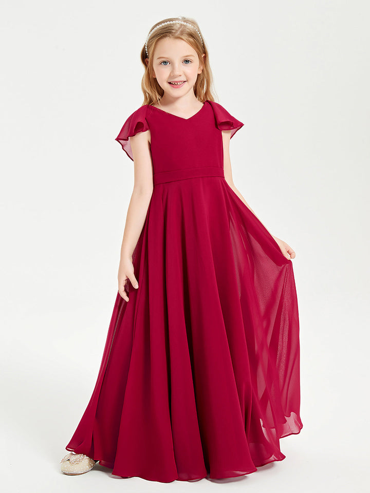 Delicate Chiffon Junior Bridesmaid Gown Flutter Sleeves V-neck Burgundy