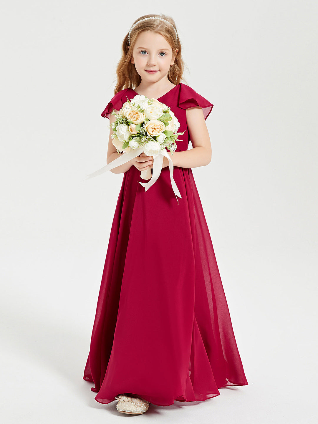Delicate Chiffon Junior Bridesmaid Gown Flutter Sleeves V-neck Burgundy