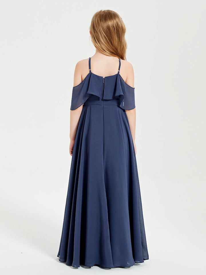 Off the Shoulder Long Junior Bridesmaid Dresses Stormy