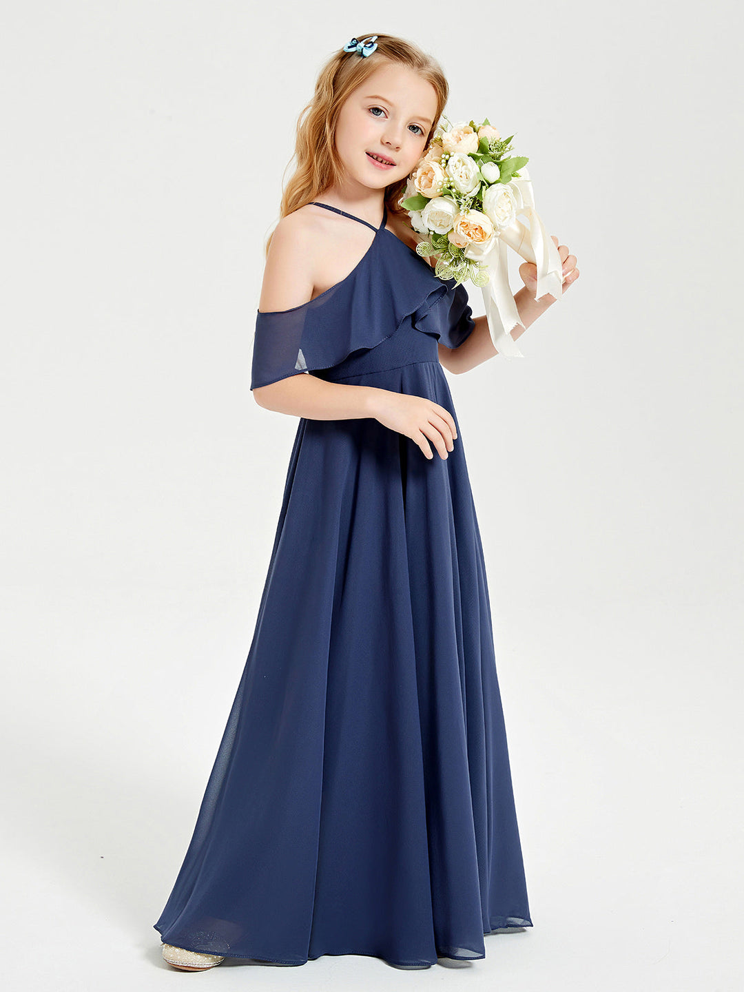 Off the Shoulder Long Junior Bridesmaid Dresses Stormy