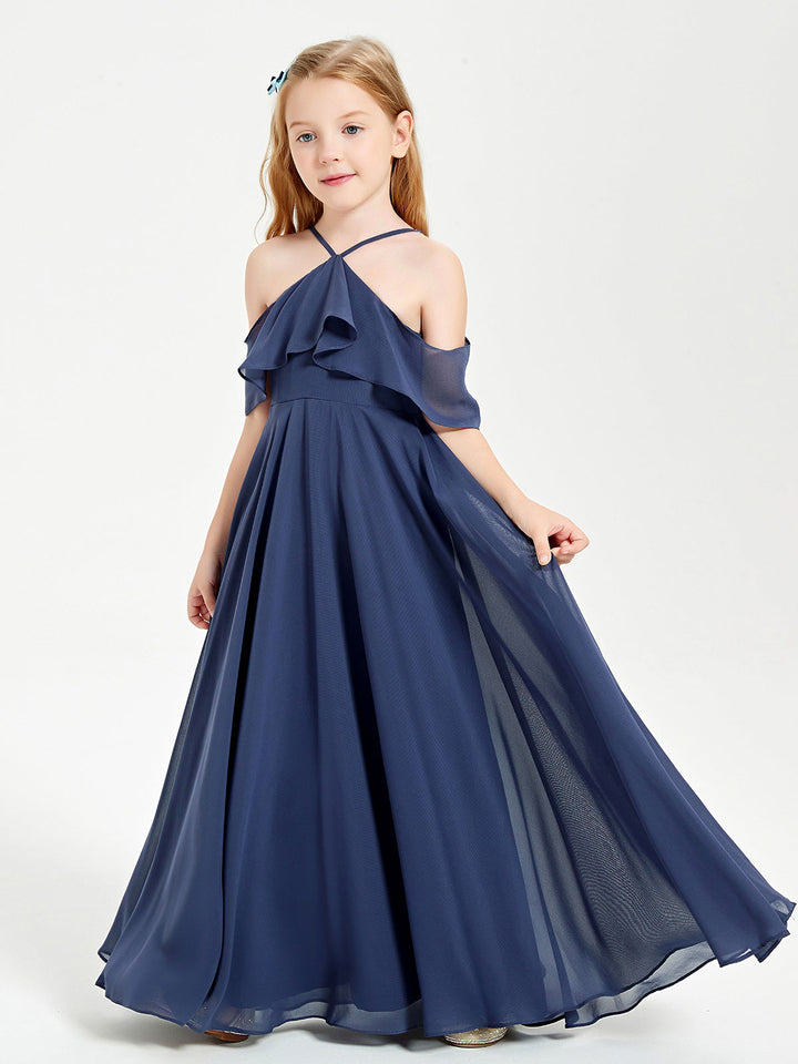 Off the Shoulder Long Junior Bridesmaid Dresses Stormy