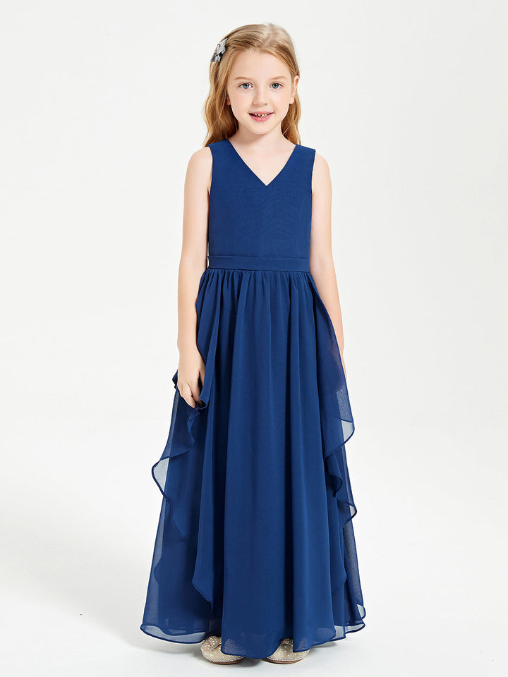 Boho Sleeveless Chiffon Junior Bridesmaid Dresses V-neck Dark Navy
