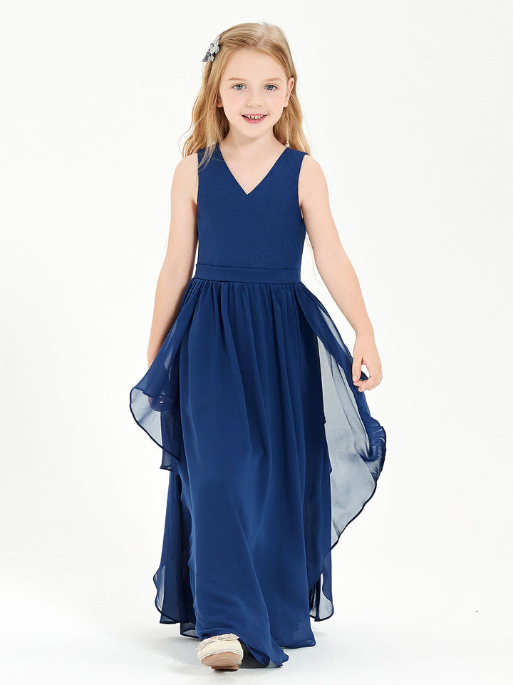 Boho Sleeveless Chiffon Junior Bridesmaid Dresses V-neck Dark Navy