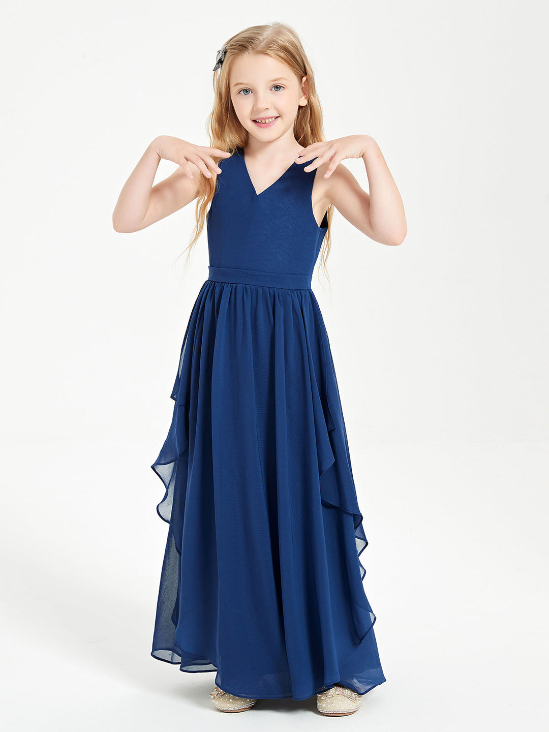 Boho Sleeveless Chiffon Junior Bridesmaid Dresses V-neck Dark Navy
