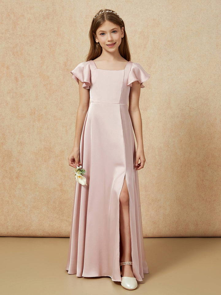 Square Neck Long Satin Junior Bridesmaid Dress Dusty Rose