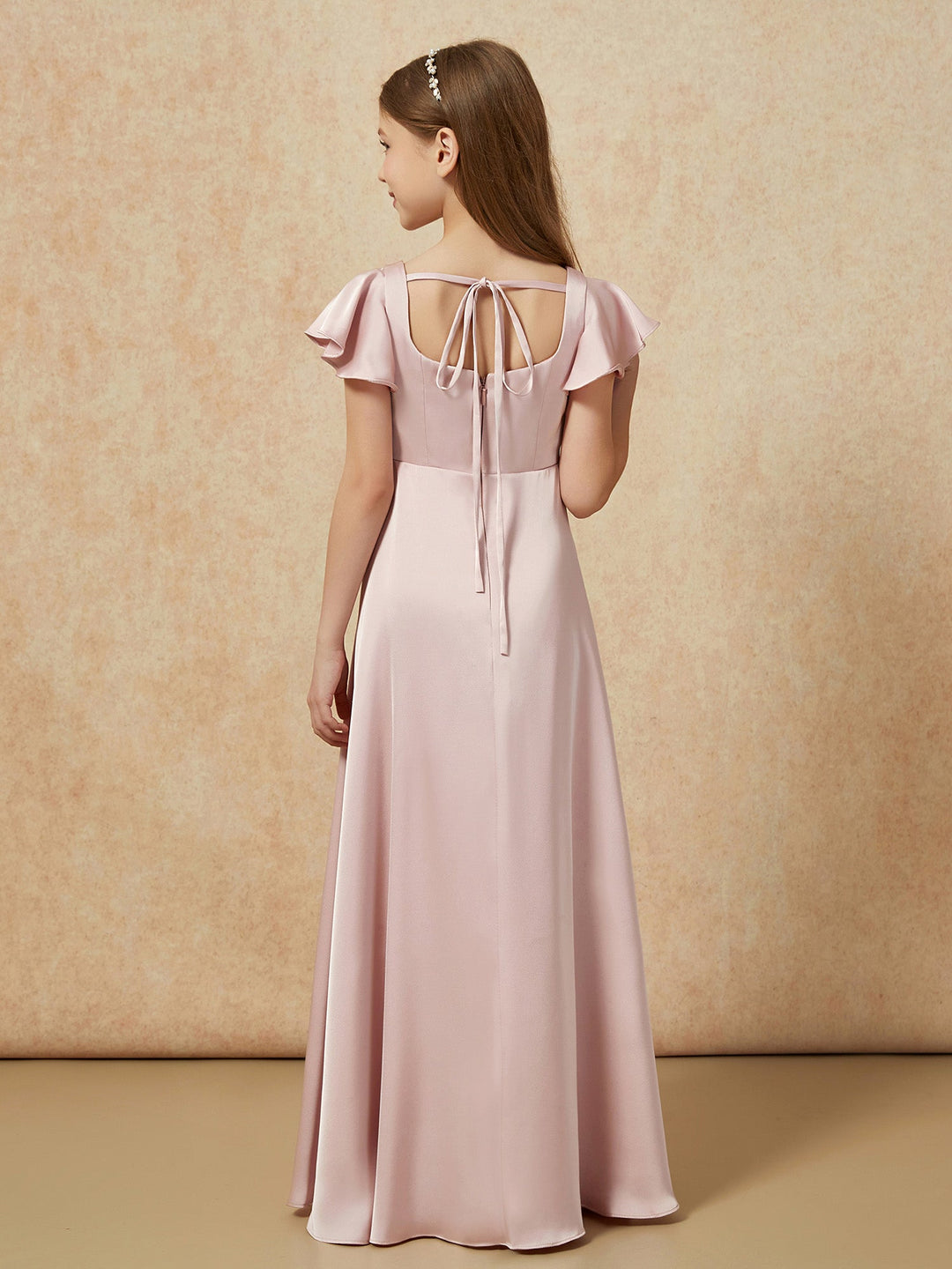 Square Neck Long Satin Junior Bridesmaid Dress Dusty Rose