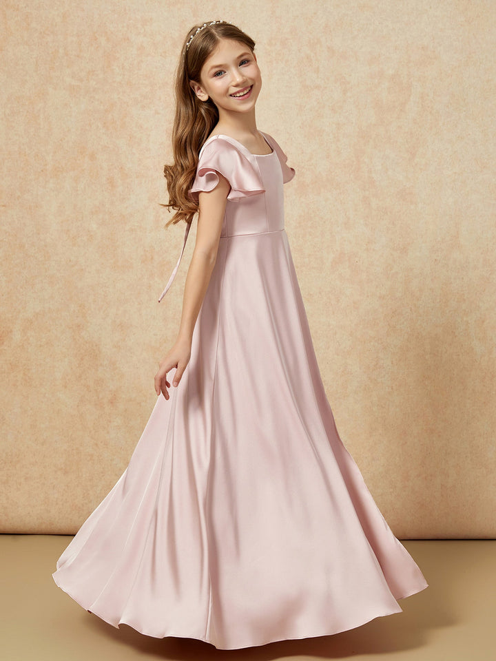 Square Neck Long Satin Junior Bridesmaid Dress Dusty Rose