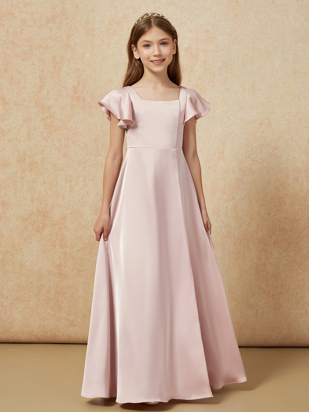 Square Neck Long Satin Junior Bridesmaid Dress Dusty Rose
