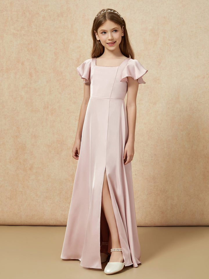 Square Neck Long Satin Junior Bridesmaid Dress Dusty Rose