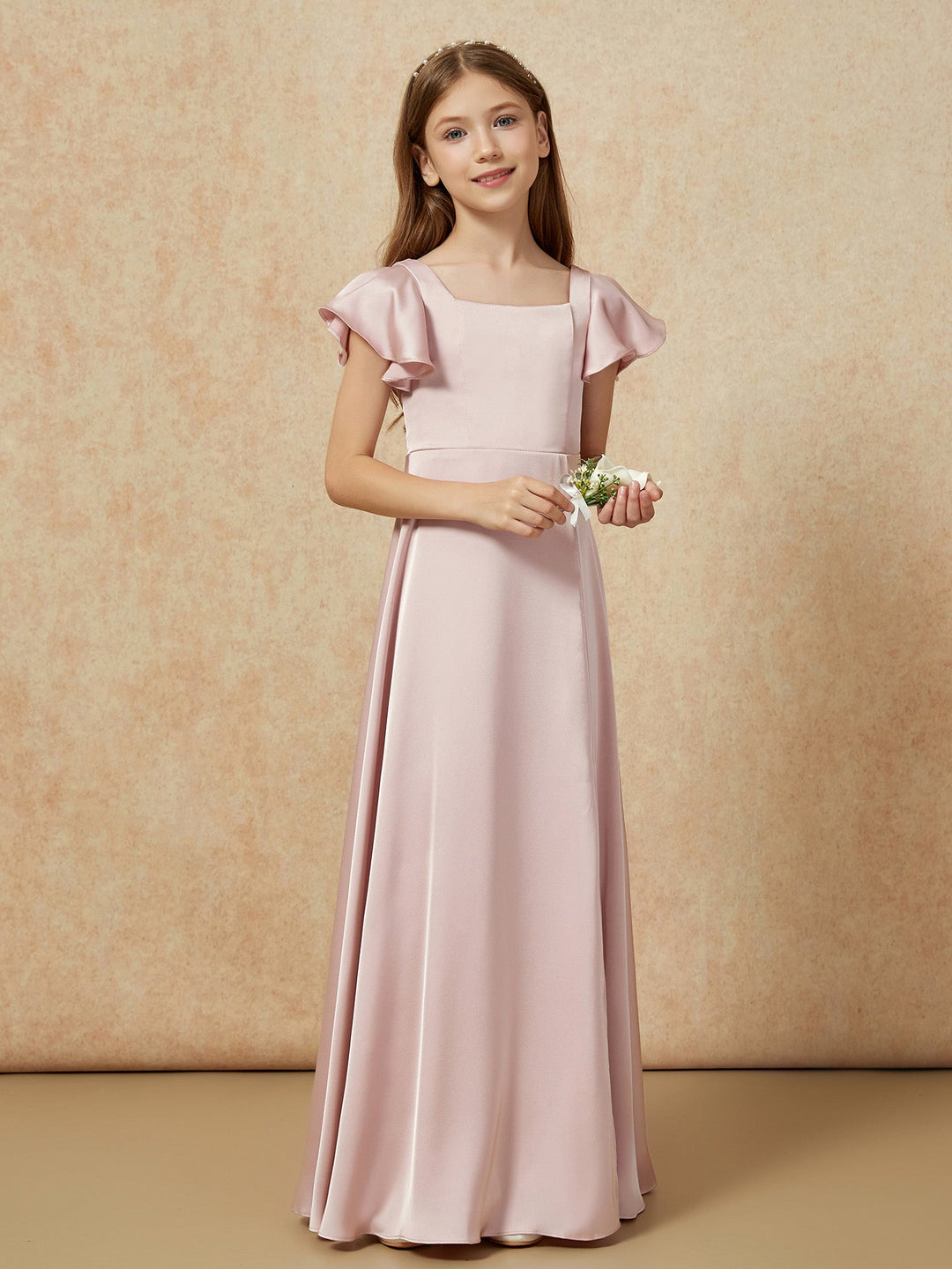 Square Neck Long Satin Junior Bridesmaid Dress Dusty Rose