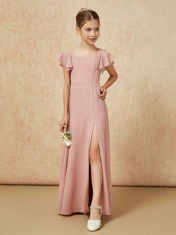 Flutter Sleeves Long Junior Bridesmaid Dresses With Slit Dusty Rose
