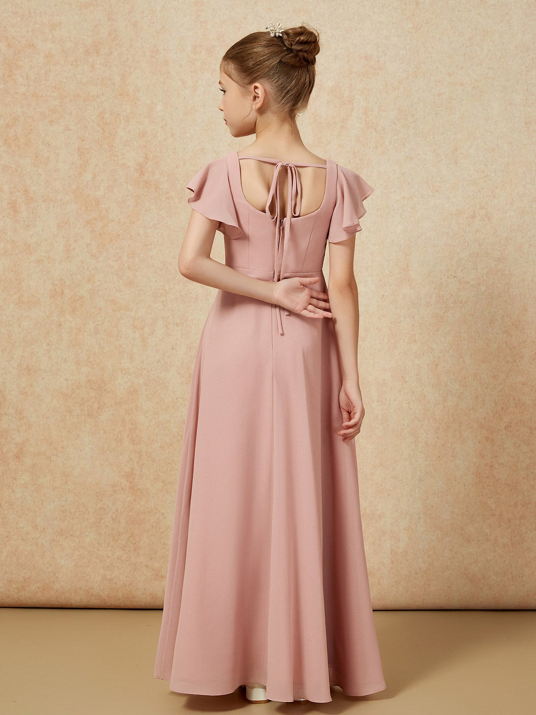 Flutter Sleeves Long Junior Bridesmaid Dresses With Slit Dusty Rose