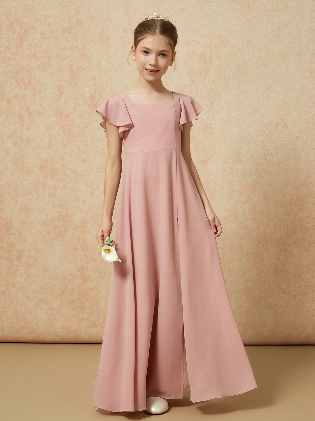 Flutter Sleeves Long Junior Bridesmaid Dresses With Slit Dusty Rose