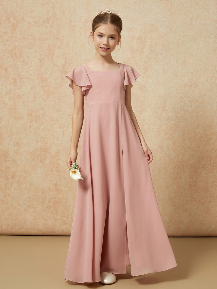 Flutter Sleeves Long Junior Bridesmaid Dresses With Slit Dusty Rose