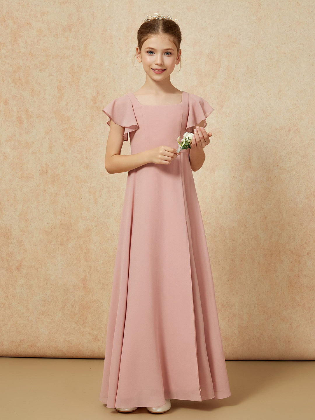Flutter Sleeves Long Junior Bridesmaid Dresses With Slit Dusty Rose