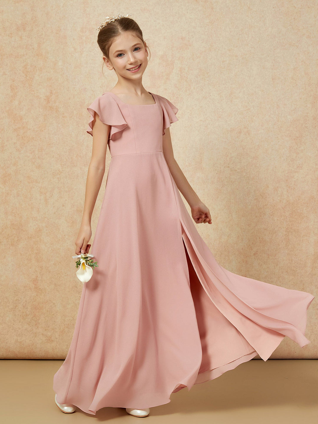 Flutter Sleeves Long Junior Bridesmaid Dresses With Slit Dusty Rose