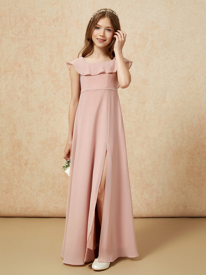 Square Neck Chiffon Junior Bridesmaid Dress With Slit Dusty Rose