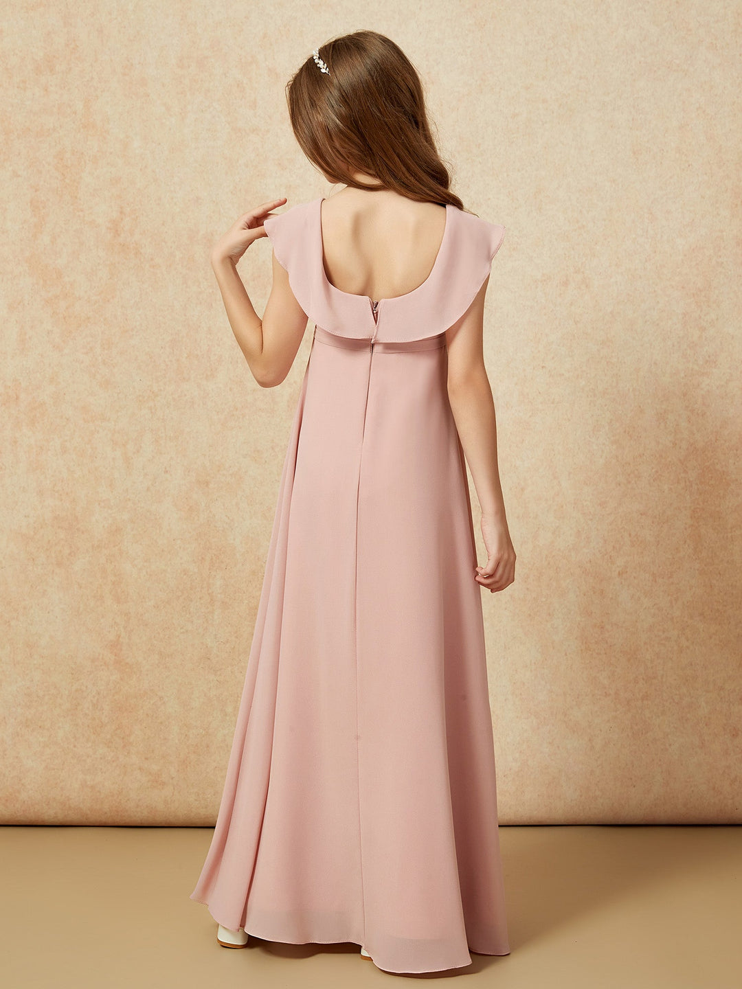 Square Neck Chiffon Junior Bridesmaid Dress With Slit Dusty Rose
