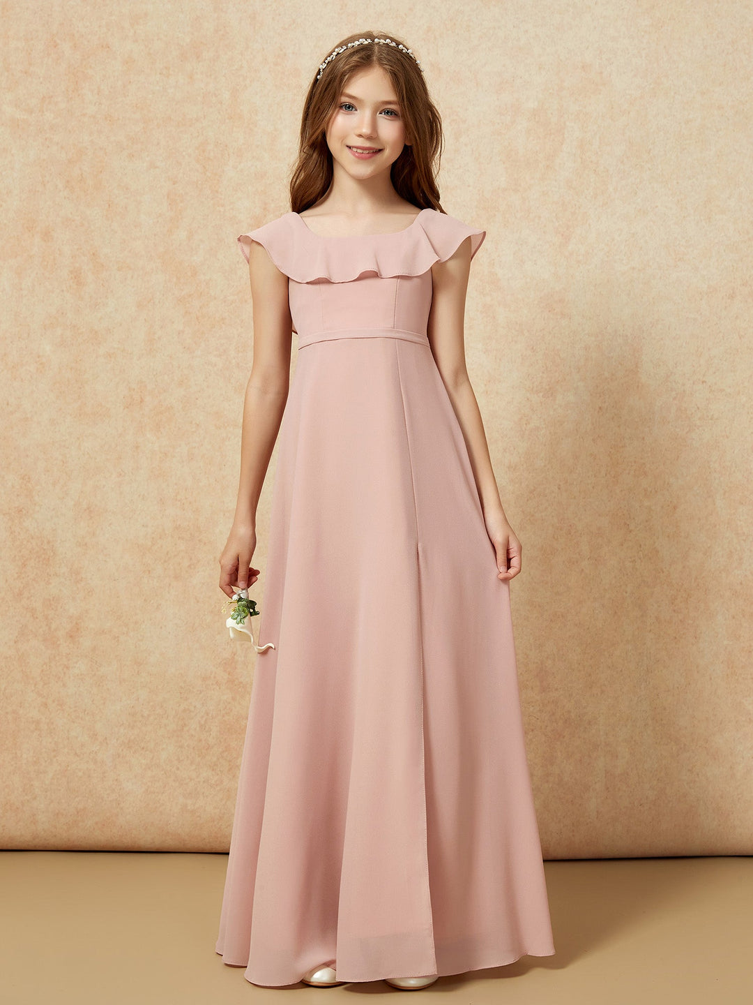 Square Neck Chiffon Junior Bridesmaid Dress With Slit Dusty Rose