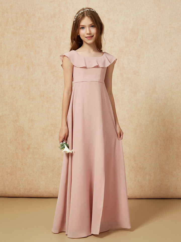 Square Neck Chiffon Junior Bridesmaid Dress With Slit Dusty Rose