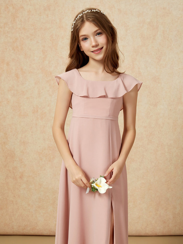 Square Neck Chiffon Junior Bridesmaid Dress With Slit Dusty Rose