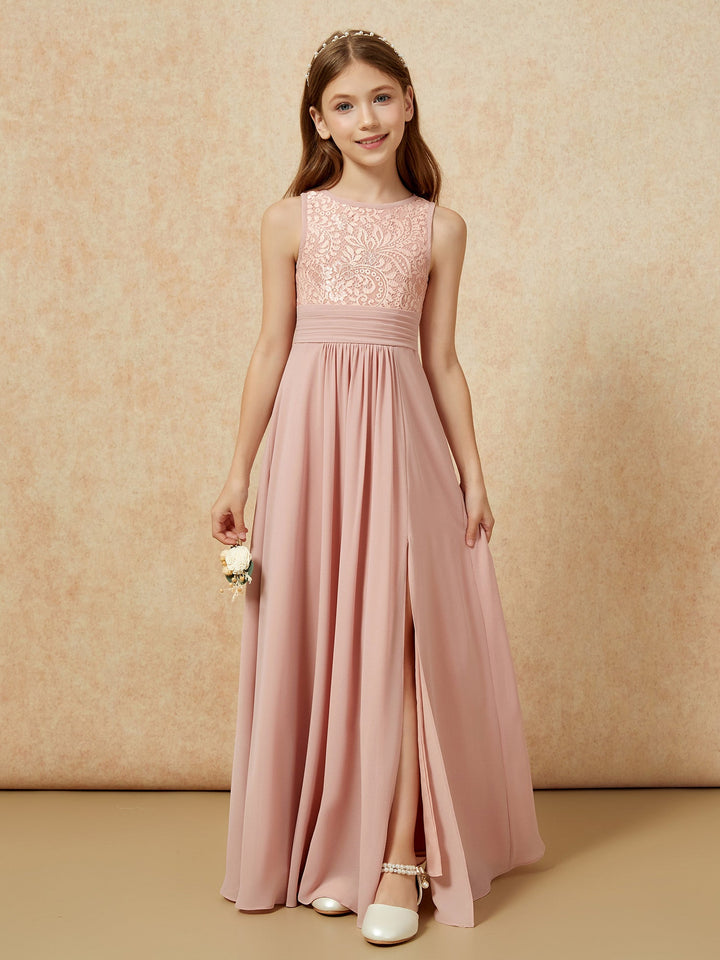 Lace Top A-line Long Junior Bridesmaid Dress Dusty Rose