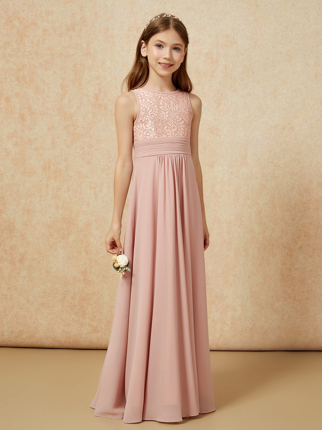 Lace Top A-line Long Junior Bridesmaid Dress Dusty Rose