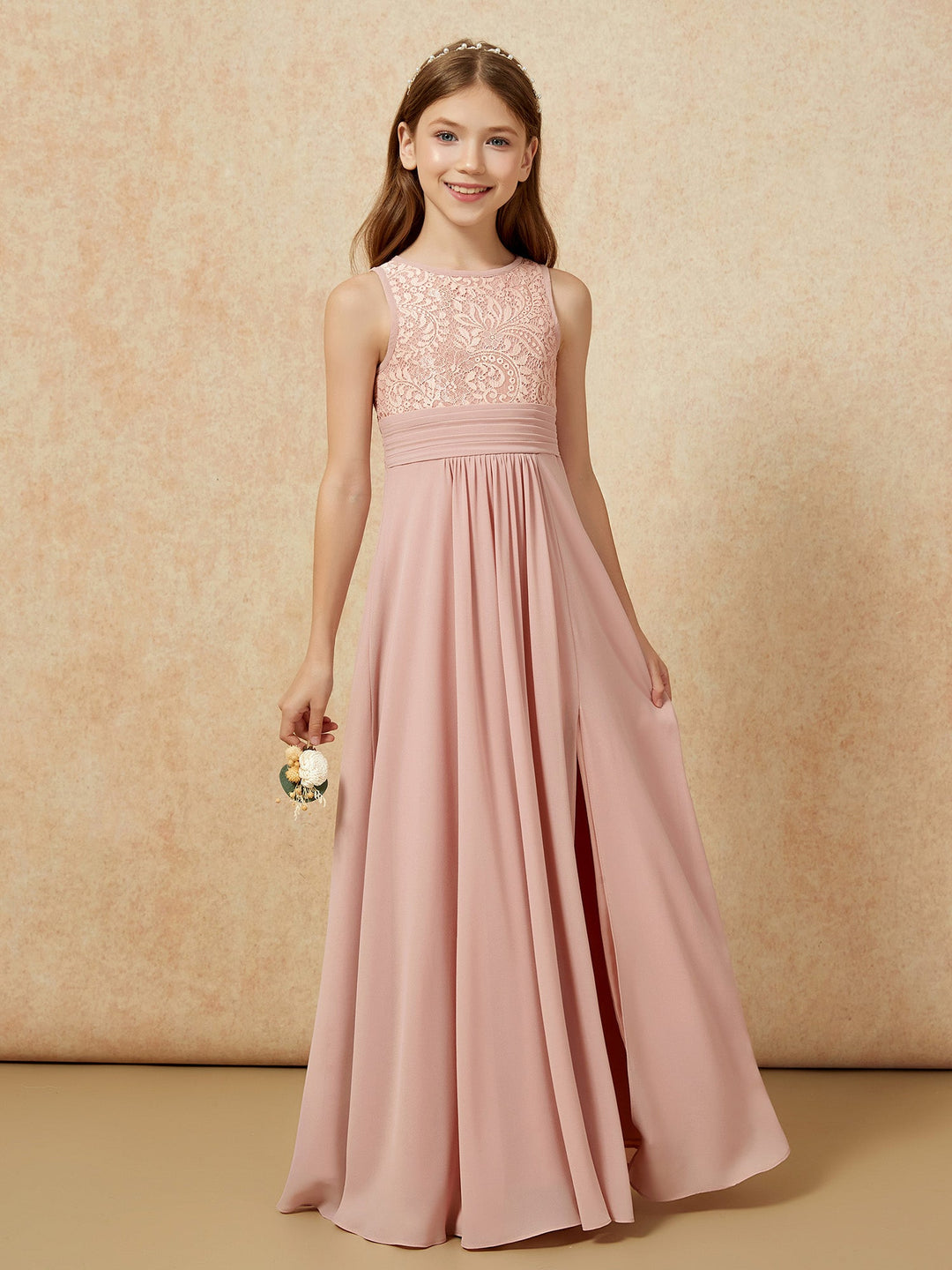 Lace Top A-line Long Junior Bridesmaid Dress Dusty Rose