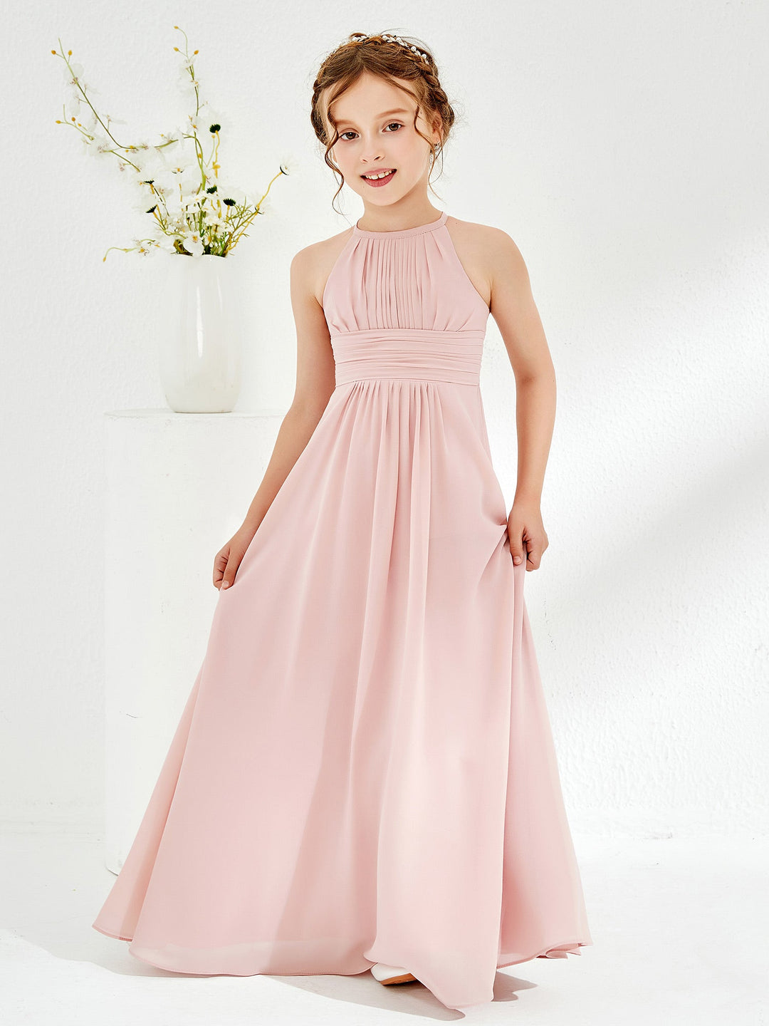 Halter Chiffon Junior Bridesmaid Dresses Dusty Rose