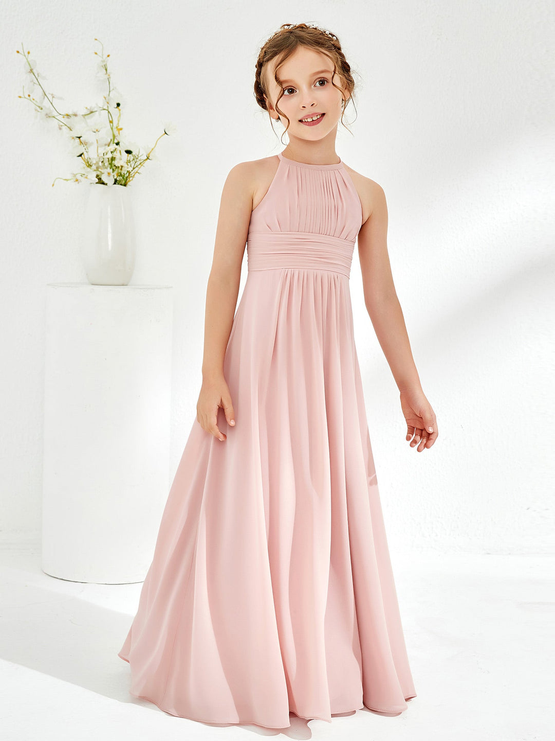 Halter Chiffon Junior Bridesmaid Dresses Dusty Rose
