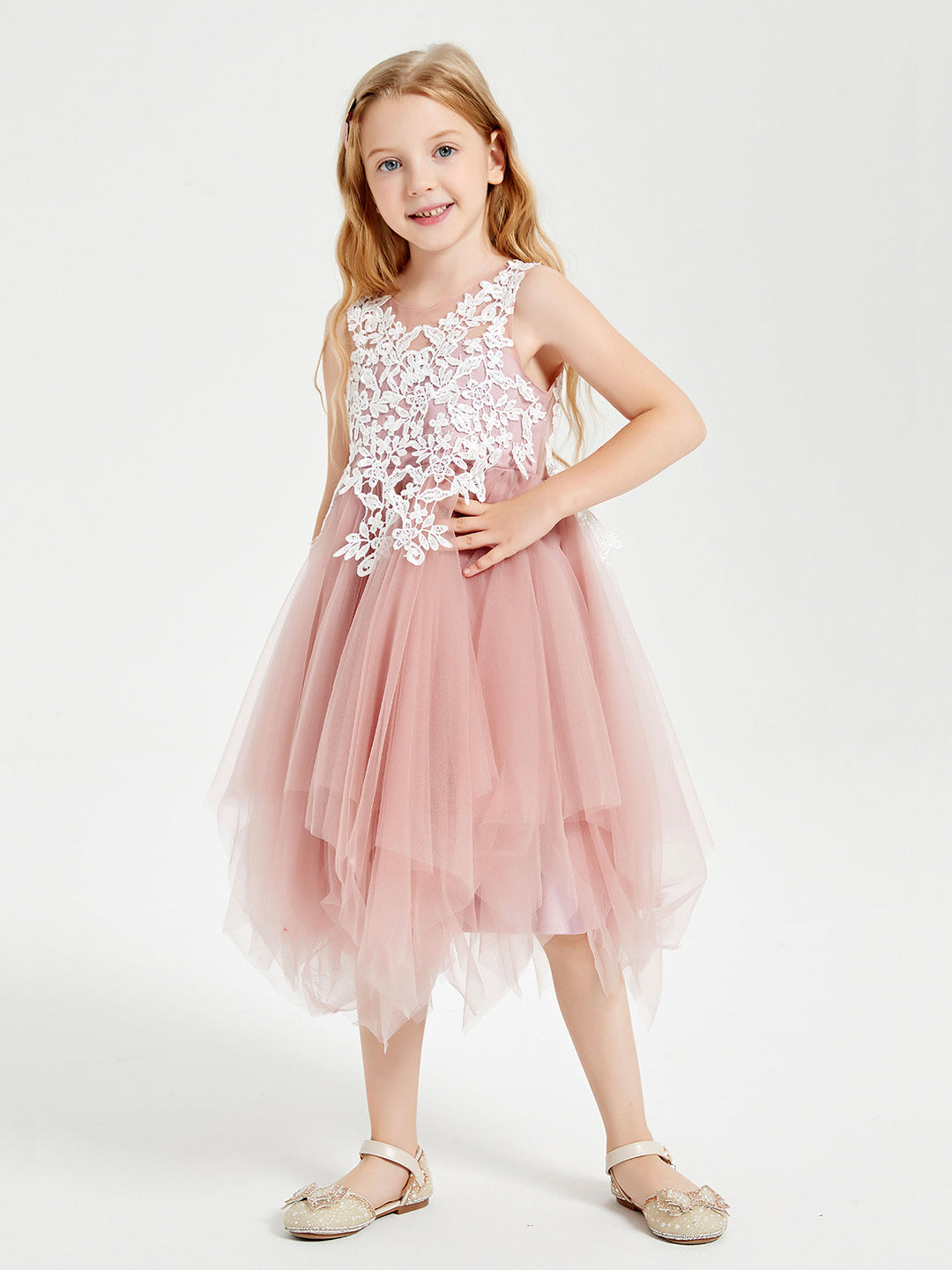 Tulle Tea Length Junior Bridesmaid Dresses Dusty Rose