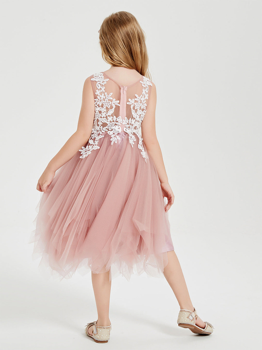 Tulle Tea Length Junior Bridesmaid Dresses Dusty Rose