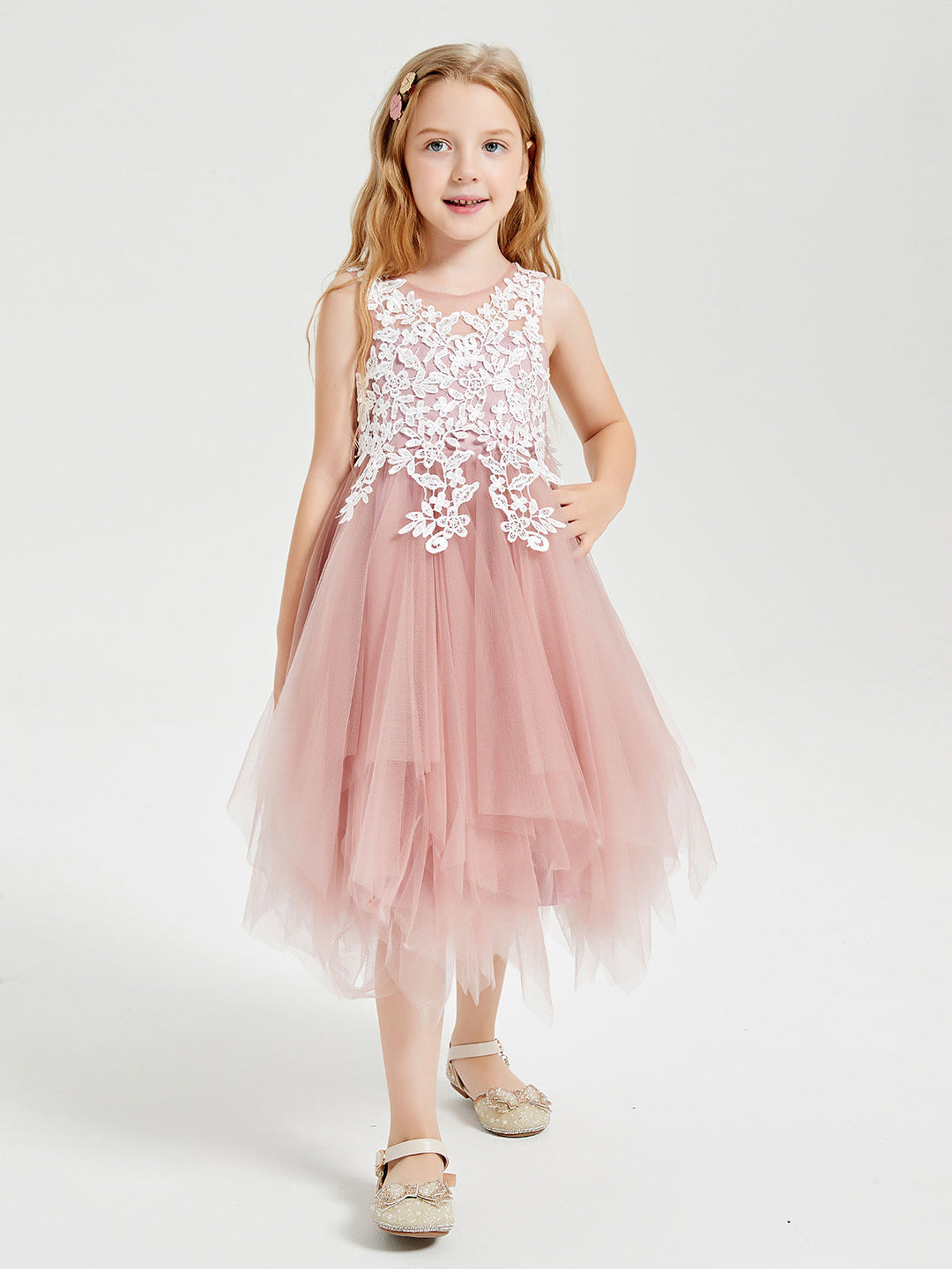 Tulle Tea Length Junior Bridesmaid Dresses Dusty Rose
