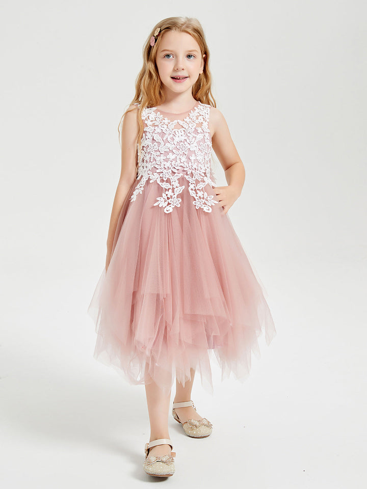 Tulle Tea Length Junior Bridesmaid Dresses Dusty Rose