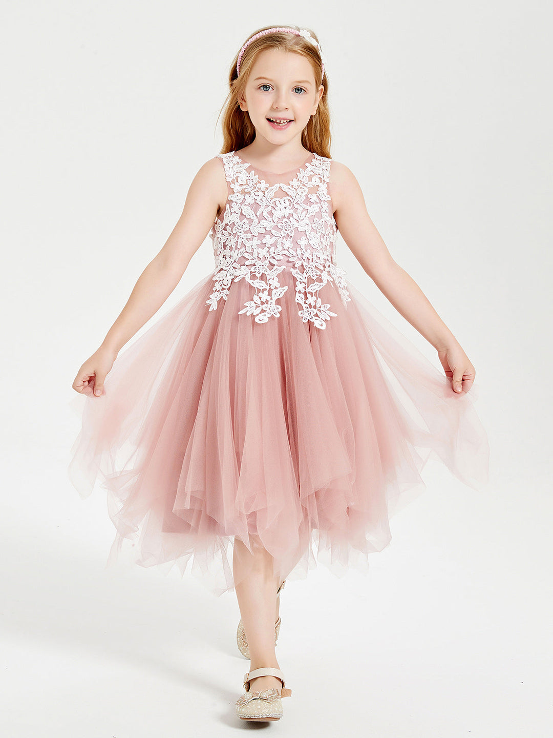 Tulle Tea Length Junior Bridesmaid Dresses Dusty Rose