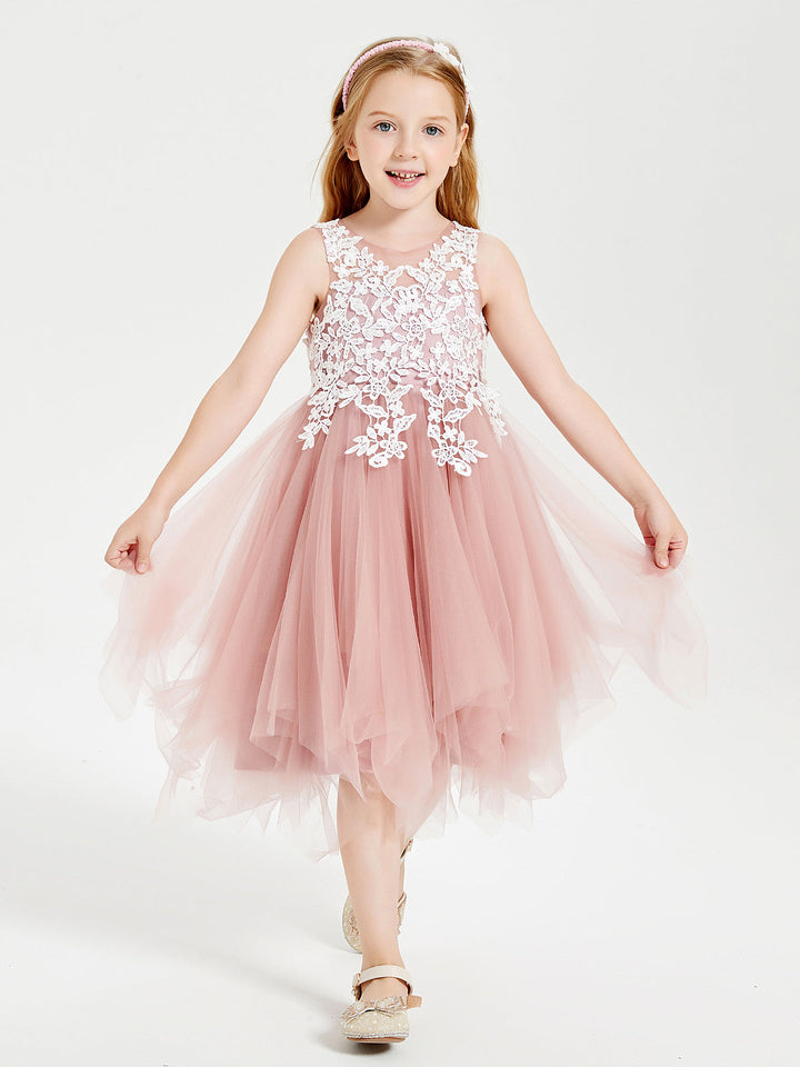 Tulle Tea Length Junior Bridesmaid Dresses Dusty Rose