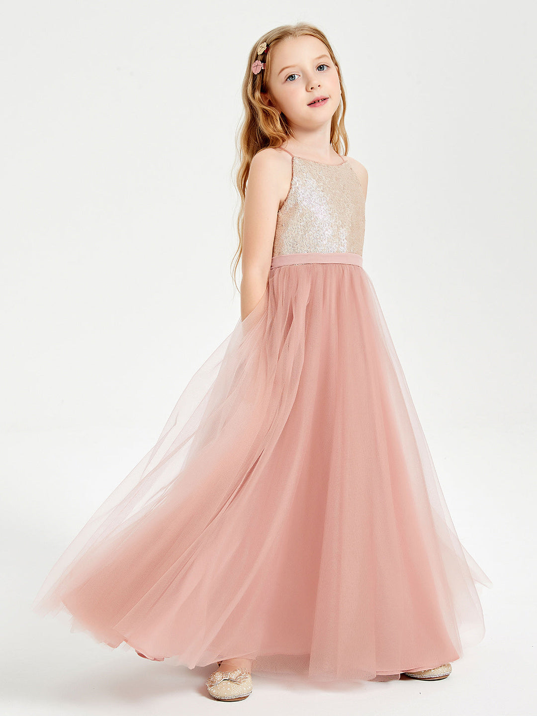 Long Junior Bridesmaid Gown Sequined Top Tulle Skirt Dusty Rose