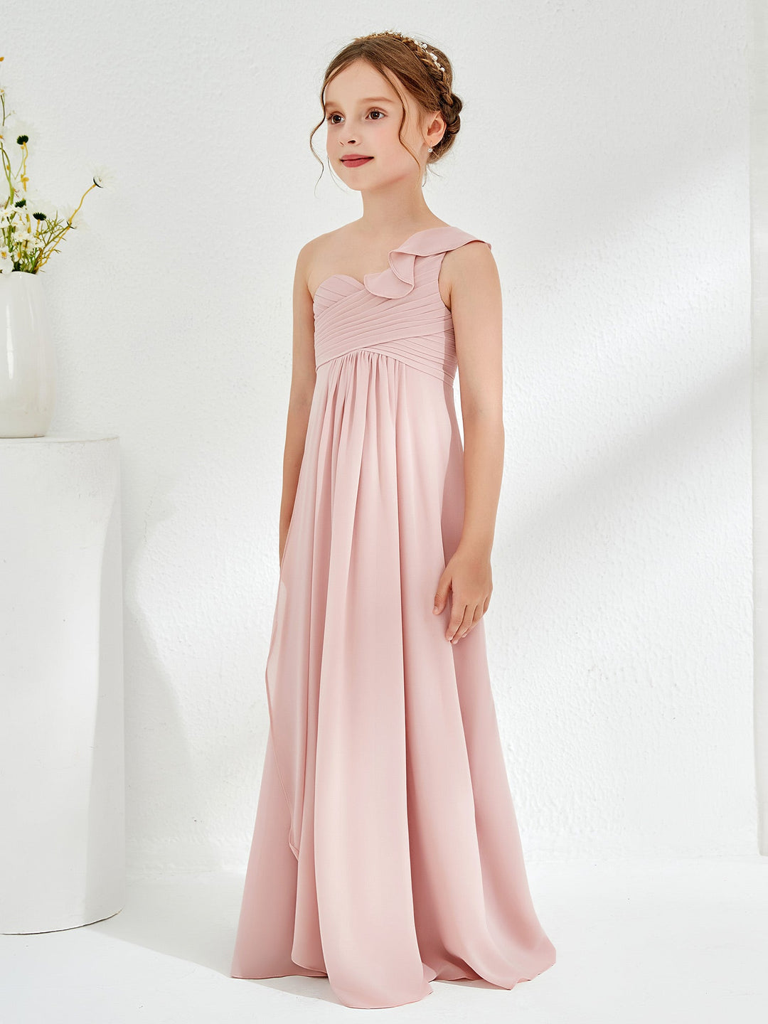 One ruffle Shoulder Junior Bridesmaid Dresses Dusty Rose