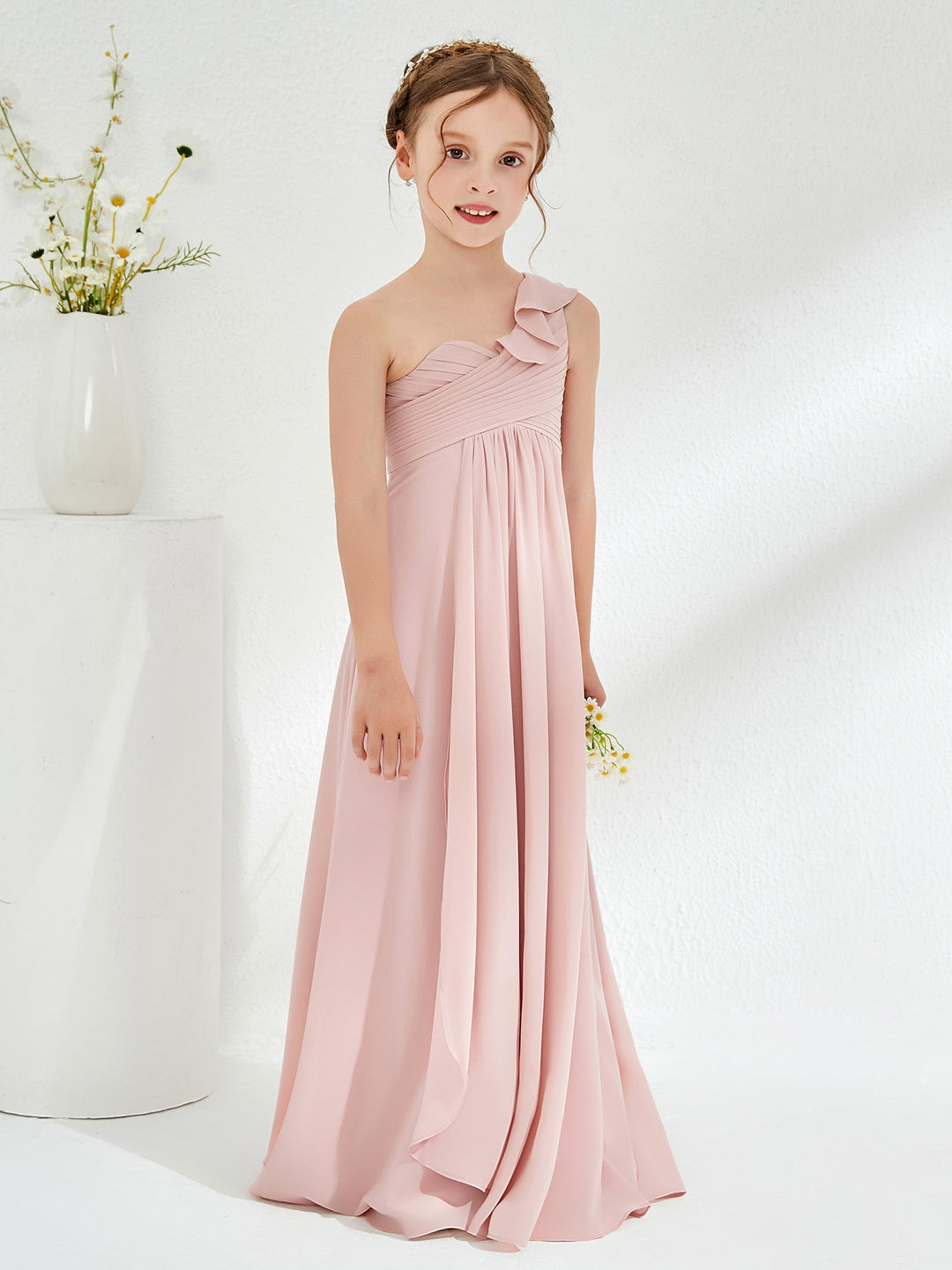 One ruffle Shoulder Junior Bridesmaid Dresses Dusty Rose