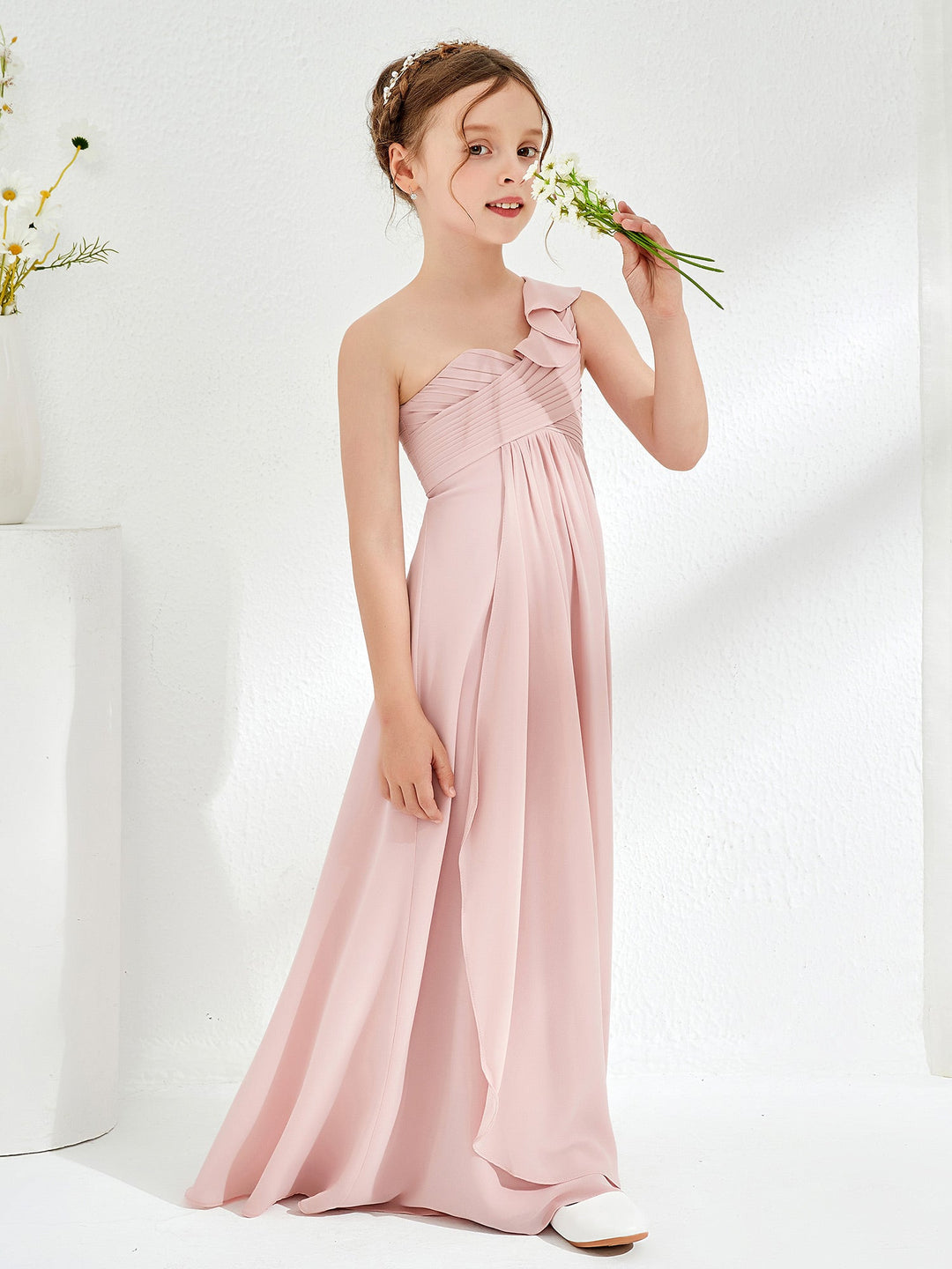 One ruffle Shoulder Junior Bridesmaid Dresses Dusty Rose