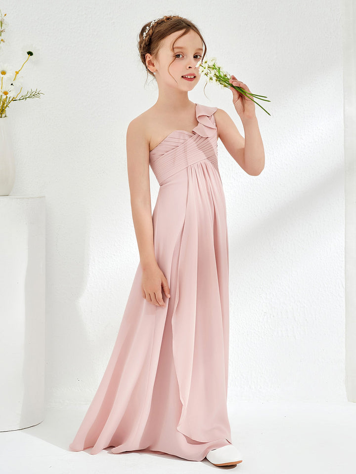 One ruffle Shoulder Junior Bridesmaid Dresses Dusty Rose