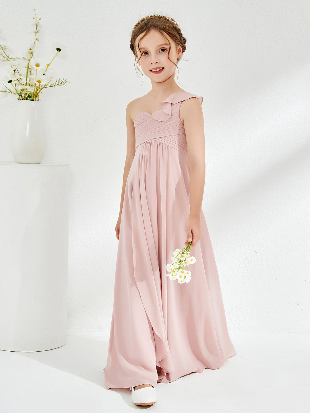 One ruffle Shoulder Junior Bridesmaid Dresses Dusty Rose