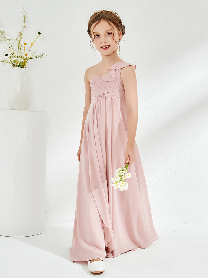 One ruffle Shoulder Junior Bridesmaid Dresses Dusty Rose
