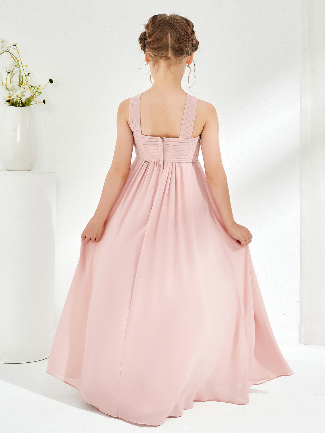 Cross Shoulder Strap Junior Bridesmaid Dresses with Empire Waist Dusty Rose