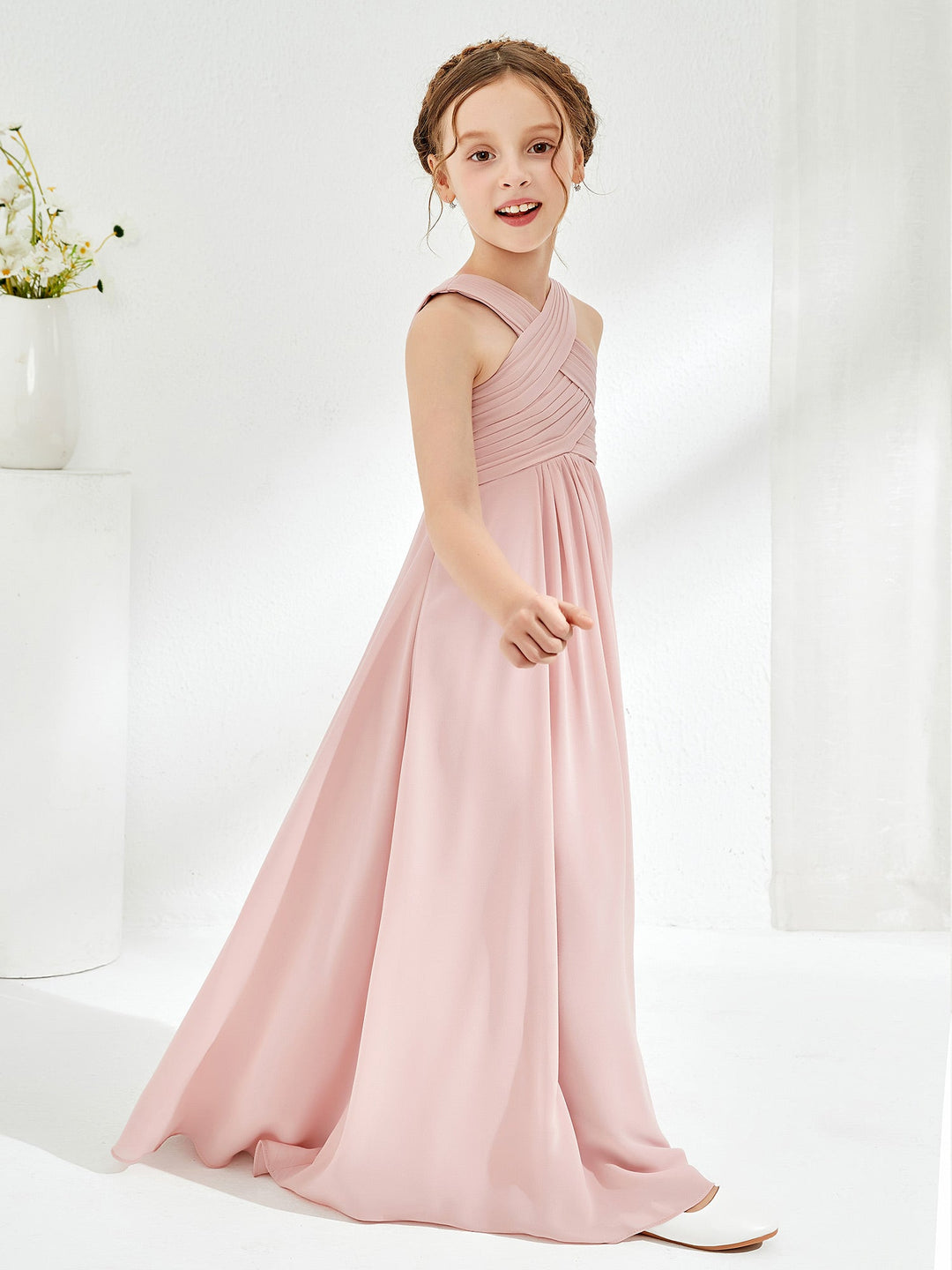 Cross Shoulder Strap Junior Bridesmaid Dresses with Empire Waist Dusty Rose