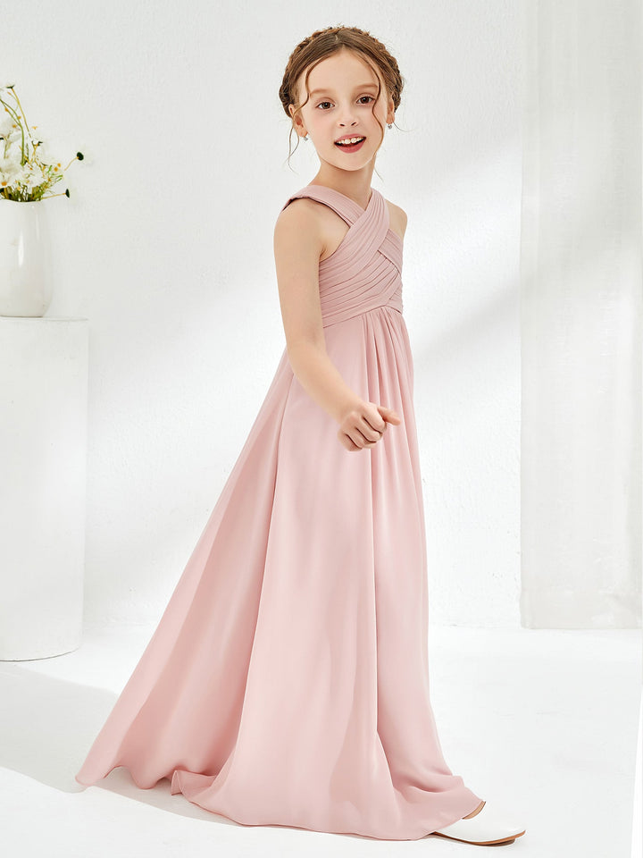 Cross Shoulder Strap Junior Bridesmaid Dresses with Empire Waist Dusty Rose