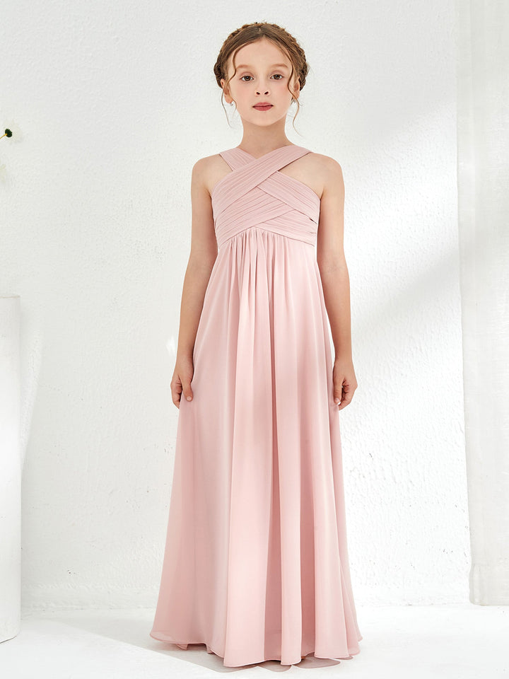 Cross Shoulder Strap Junior Bridesmaid Dresses with Empire Waist Dusty Rose