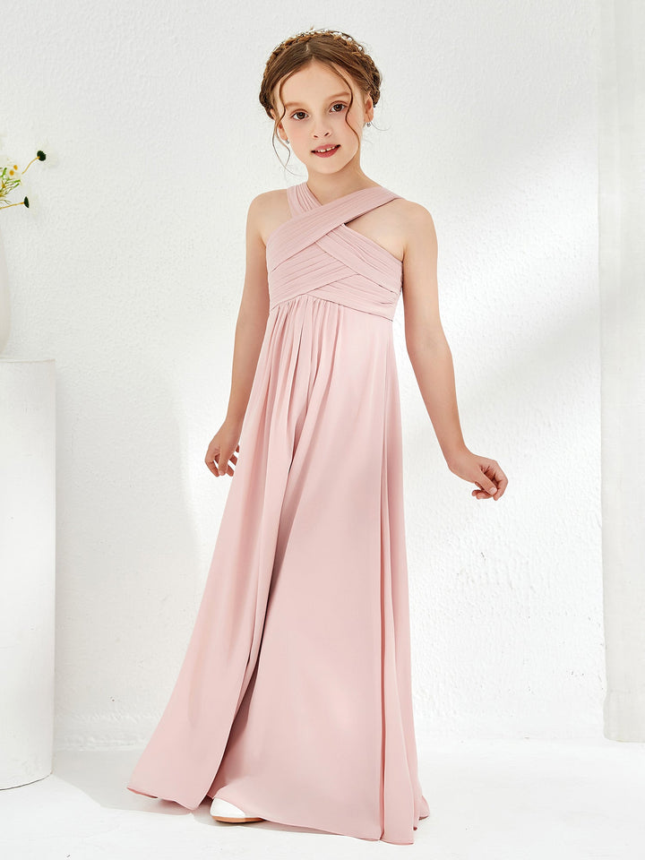 Cross Shoulder Strap Junior Bridesmaid Dresses with Empire Waist Dusty Rose