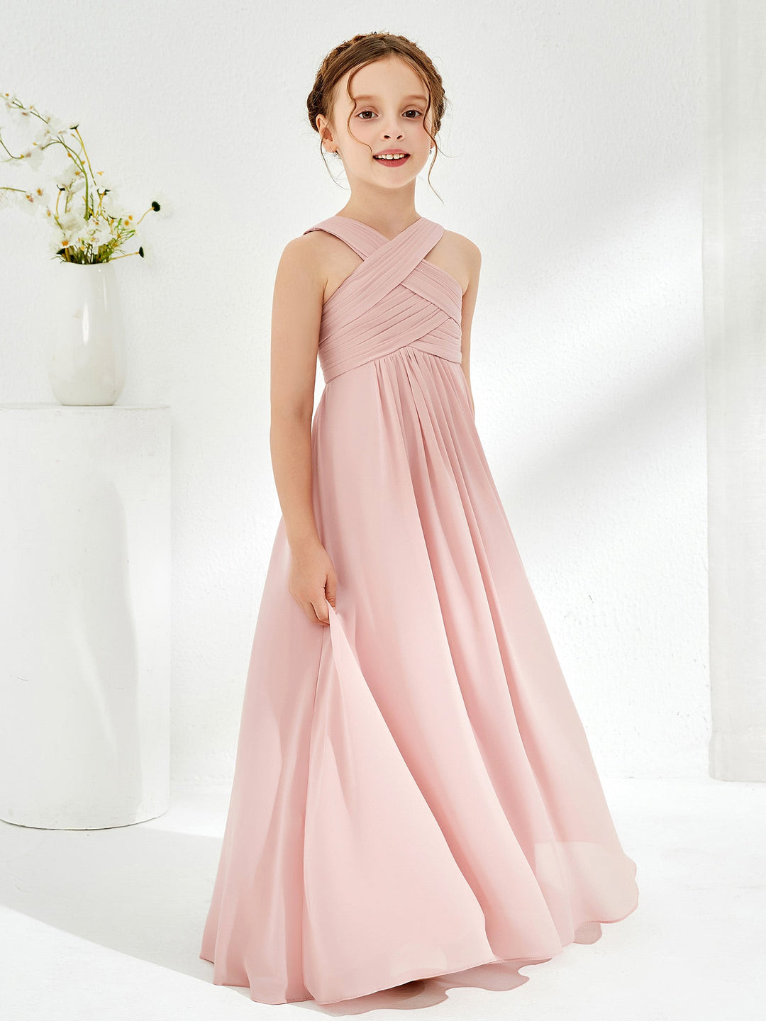 Cross Shoulder Strap Junior Bridesmaid Dresses with Empire Waist Dusty Rose